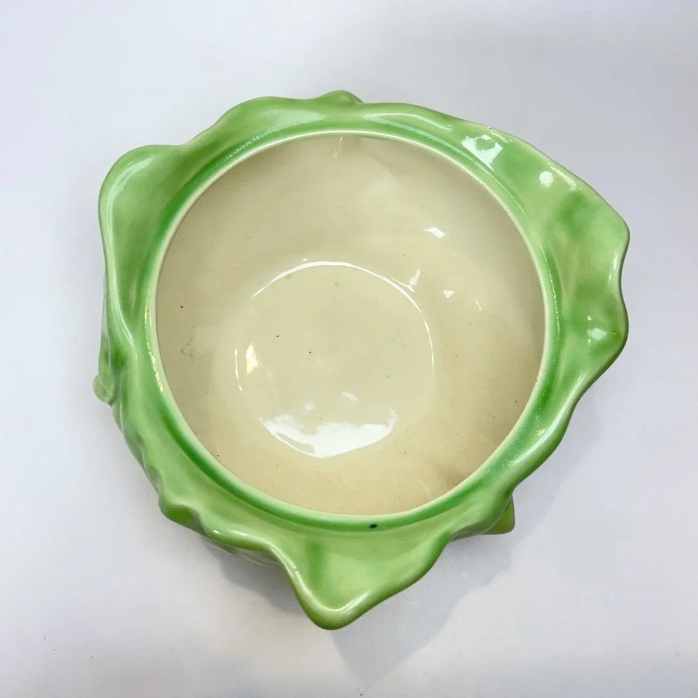 Vintage Holland Mold Cabbage Leaf Ceramic Bowl Green Signed E Settle No Lid